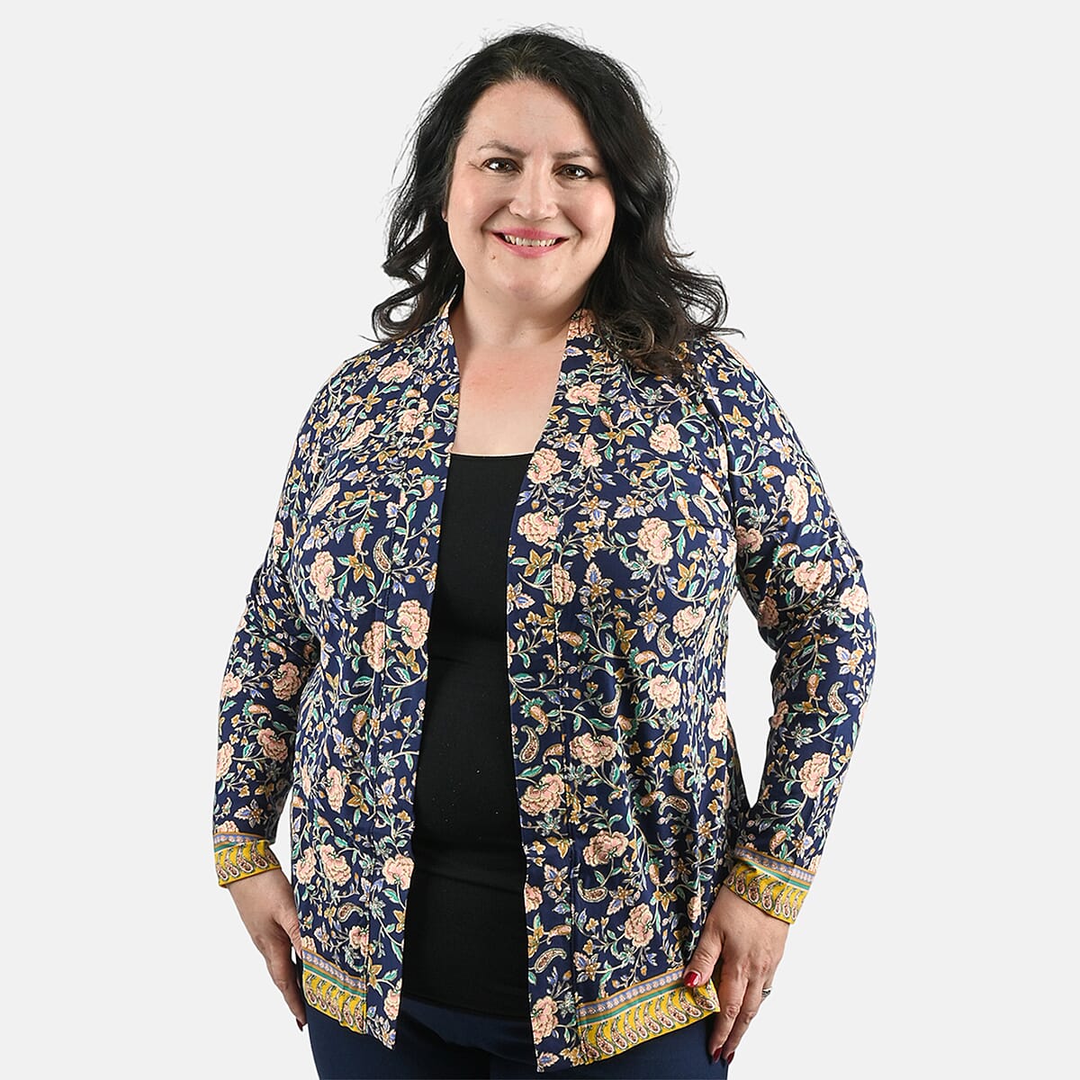 Isaac Mizrahi Navy Multi Printed Knit Cardigan - 1X image number 3