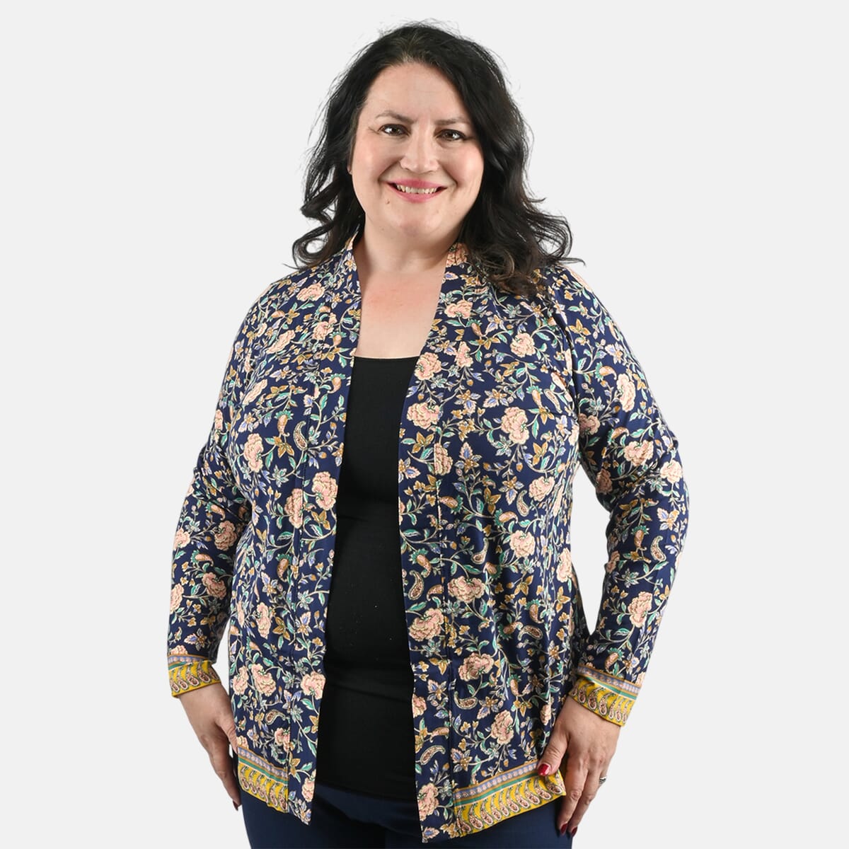 Isaac Mizrahi Navy Multi Printed Knit Cardigan - 3X image number 3