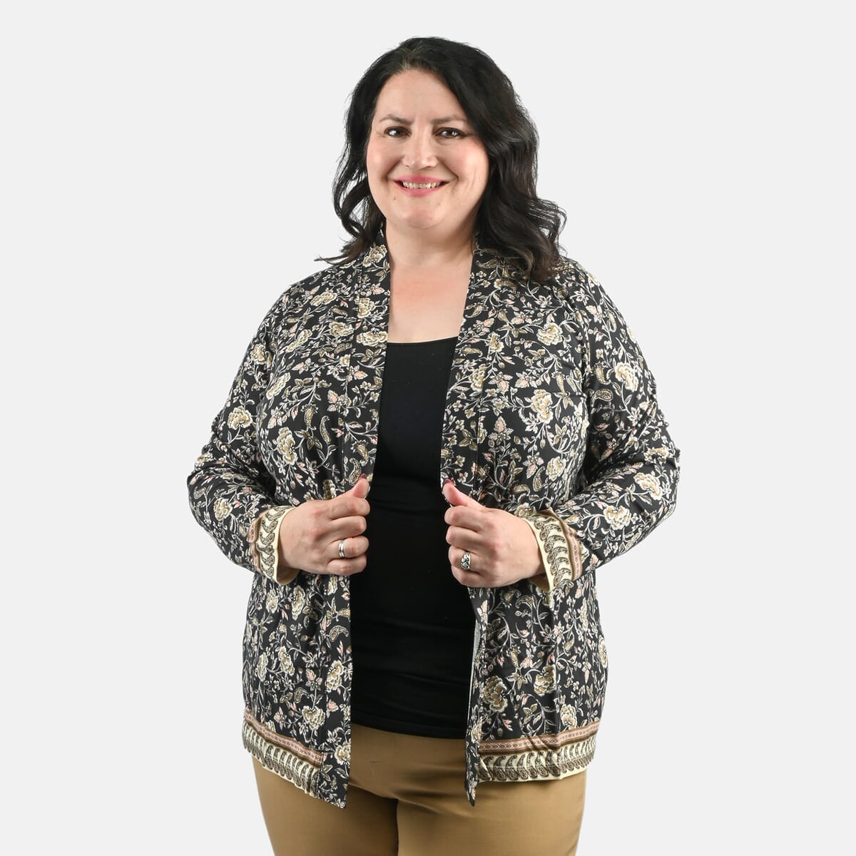 Isaac Mizrahi Neutral Multi Printed Knit Cardigan - 1X image number 3
