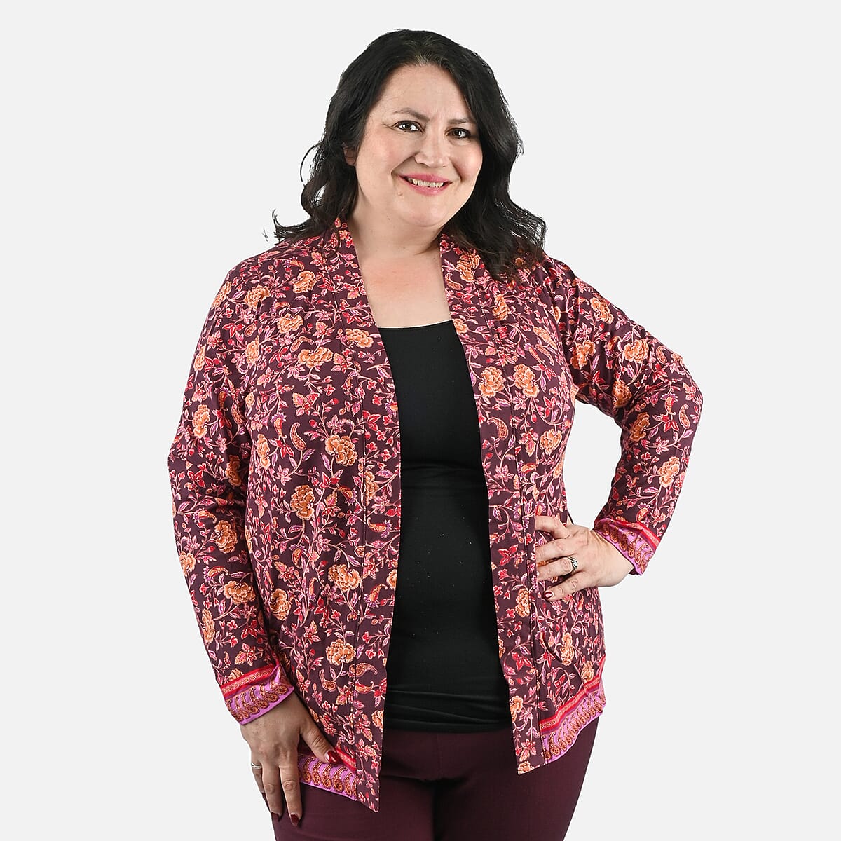 Isaac Mizrahi Red Multi Printed Knit Cardigan - 1X image number 3