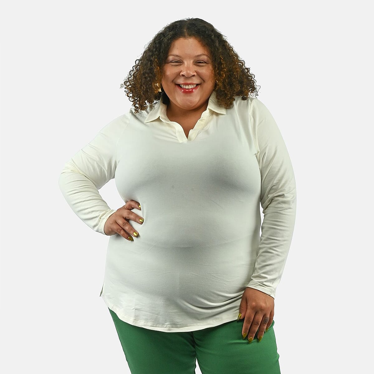 Isaac Mizrahi Ivory Split-Neck Collared Top - 2X image number 3
