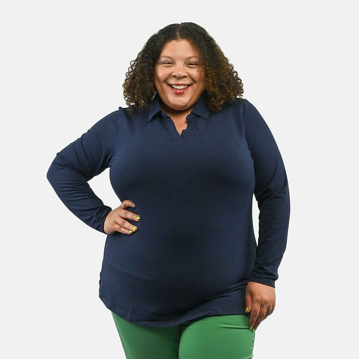 Isaac Mizrahi Navy Split-Neck Collared Top - 1X image number 3