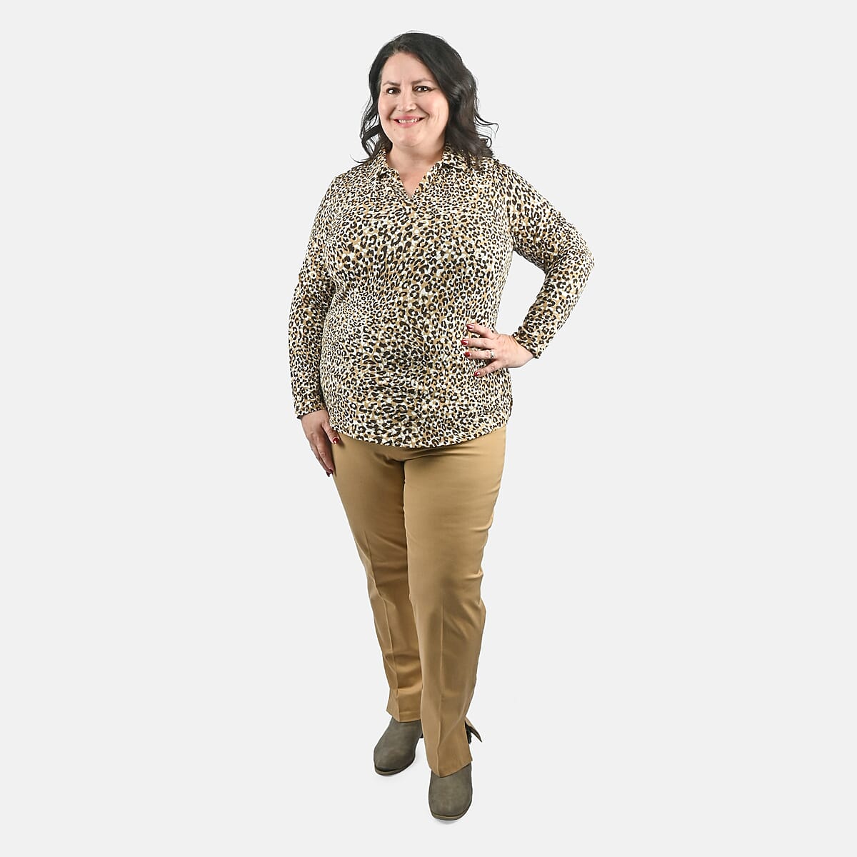 Isaac Mizrahi Natural Leopard Split-Neck Collared Top - 2X image number 0