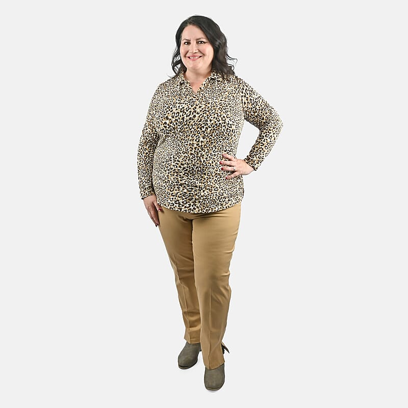 Isaac Mizrahi Natural Leopard Split-Neck Collared Top - 2X