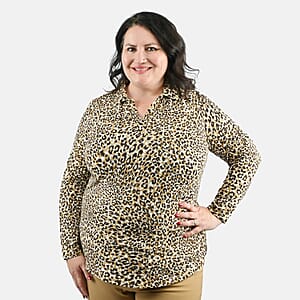 Isaac Mizrahi Natural Leopard Split-Neck Collared Top - 2X