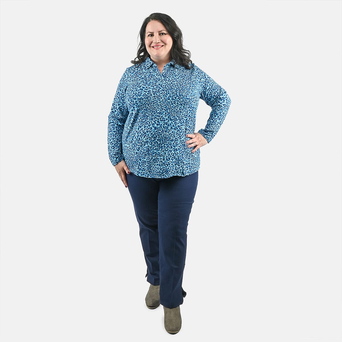 Isaac Mizrahi Teal Leopard Split-Neck Collared Top - 1X image number 0