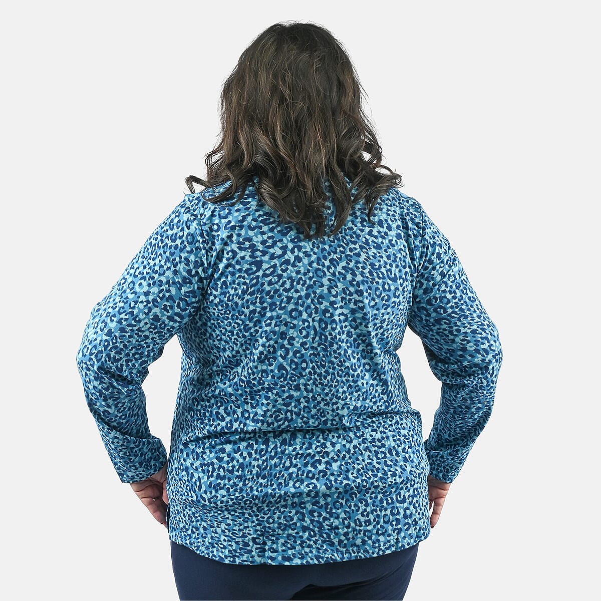 Isaac Mizrahi Teal Leopard Split-Neck Collared Top - 1X image number 1