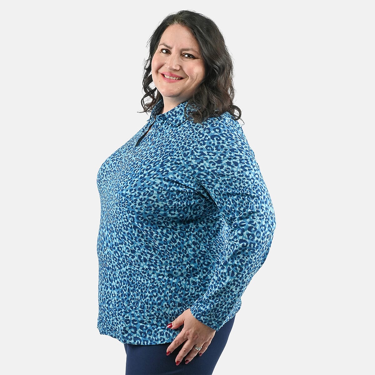 Isaac Mizrahi Teal Leopard Split-Neck Collared Top - 1X image number 2