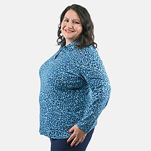 Isaac Mizrahi Teal Leopard Split-Neck Collared Top - 1X