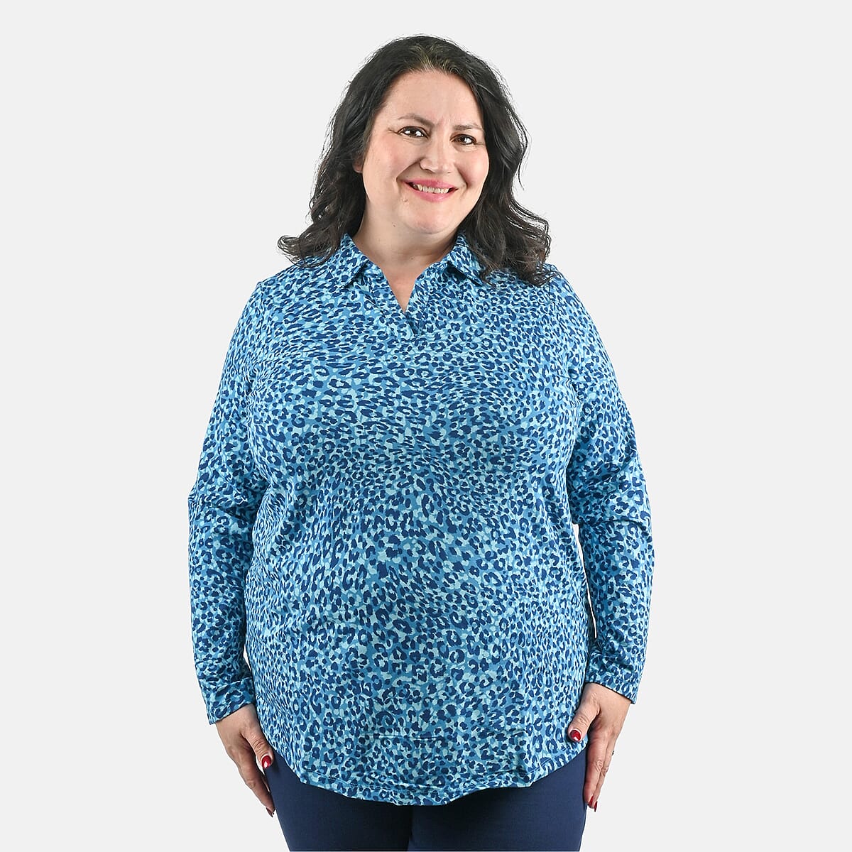 Isaac Mizrahi Teal Leopard Split-Neck Collared Top - 2X image number 3