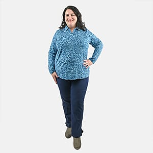 Isaac Mizrahi Teal Leopard Split-Neck Collared Top - 3X