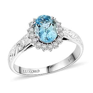 Luxoro 14K White Gold AAA Santamaria Aquamarine, White Diamond (I2) (0.24 cts) Ring (Size 7.5) 1.50 ctw