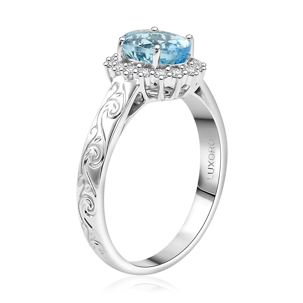 Certified & Appraised Luxoro AAA Santamaria Aquamarine and White Diamond I2 1.50 ctw Ring in 14K White Gold (Size 8.0) image number 3