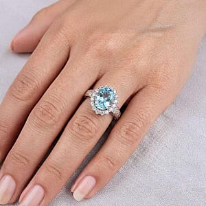 Certified & Appraised Luxoro 14K White Gold AAA Santamaria Aquamarine, White Diamond (I2) (0.24 cts) Ring (Size 8.5) 1.50 ctw