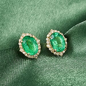 Certified & Appraised Luxoro AAA Kagem Zambian Emerald and G-H I2 Diamond 1.75 ctw Earrings in 14K Yellow Gold (Size 8.0) 
