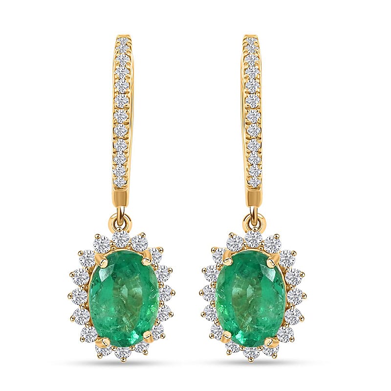 Certified Luxoro AAA Zambian Emerald, Diamond Earrings in 14K Yellow Gold 2.00 ctw