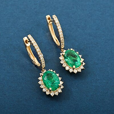 Certified Luxoro AAA Zambian Emerald, Diamond Earrings in 14K Yellow Gold 2.00 ctw