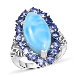 GP Italian Garden Collection Premium Larimar and Multi Gemstone 12.30 ctw Ring in Rhodium Over Sterling Silver (Size 10.0) 