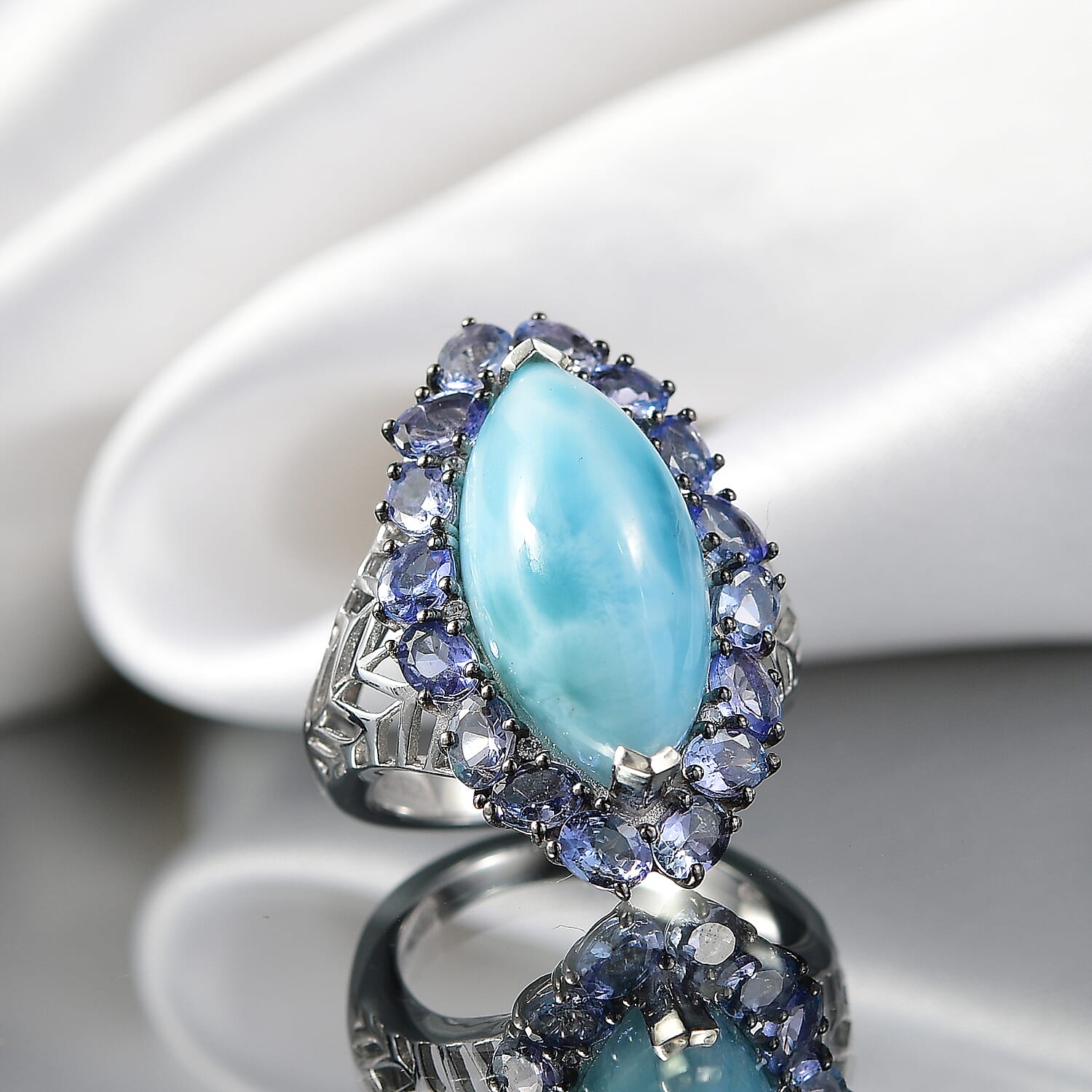 GP Premium Larimar and Multi Gemstone 12.30 ctw Ring in Rhodium Over Sterling Silver (Size 10.0)