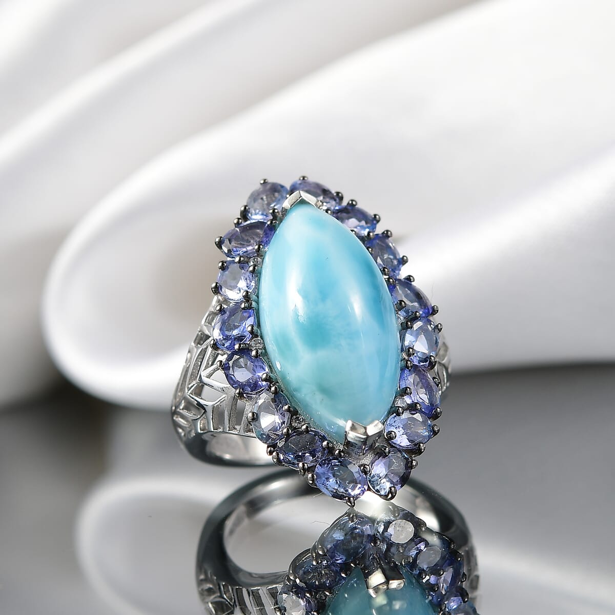 GP Italian Garden Collection Premium Larimar and Multi Gemstone 12.30 ctw Ring in Rhodium Over Sterling Silver (Size 6.0)  image number 1