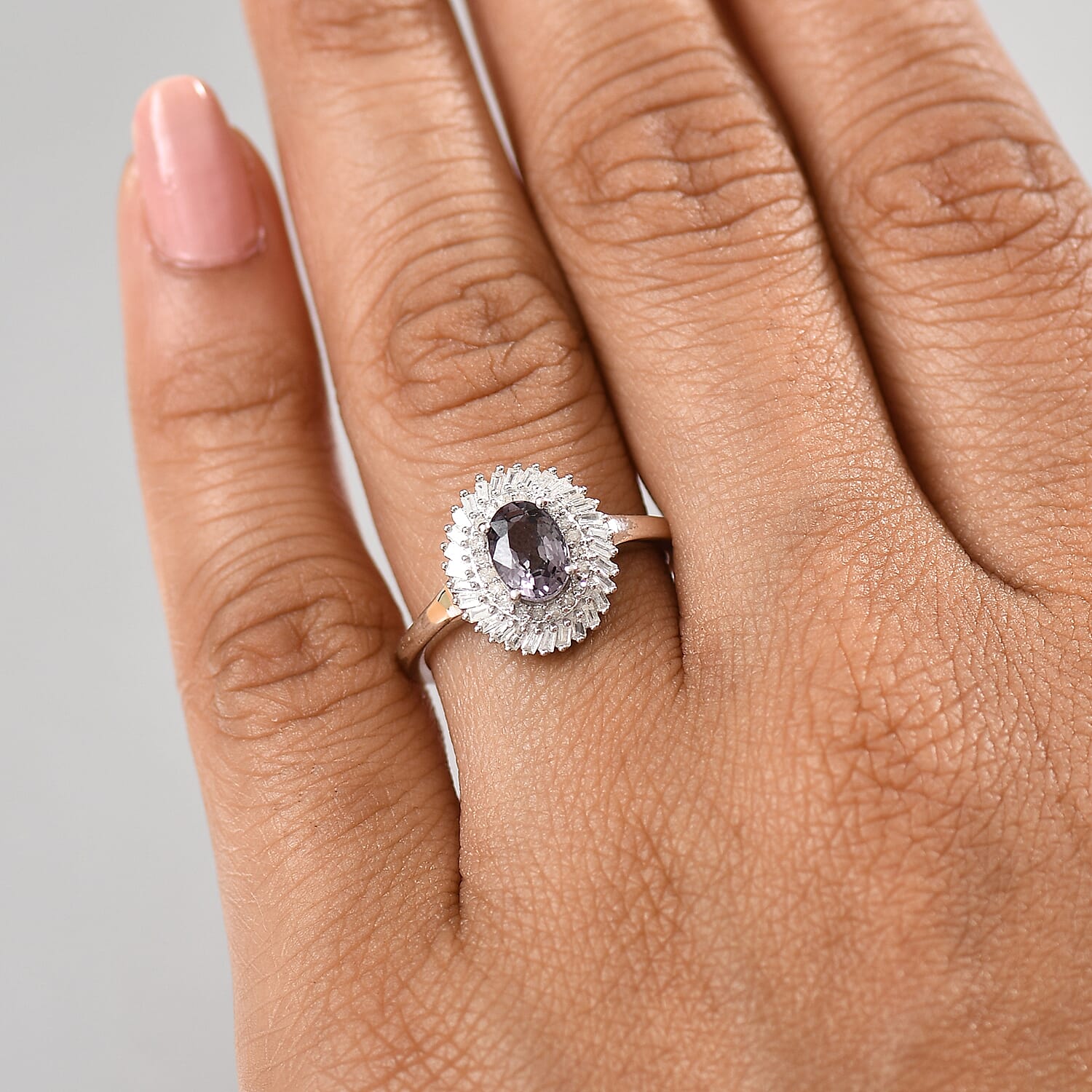 D'Joy Royal Lavender Spinel and Diamond 1.20 ctw Floral Ring in Rhodium Over Sterling Silver (Size 10.0)