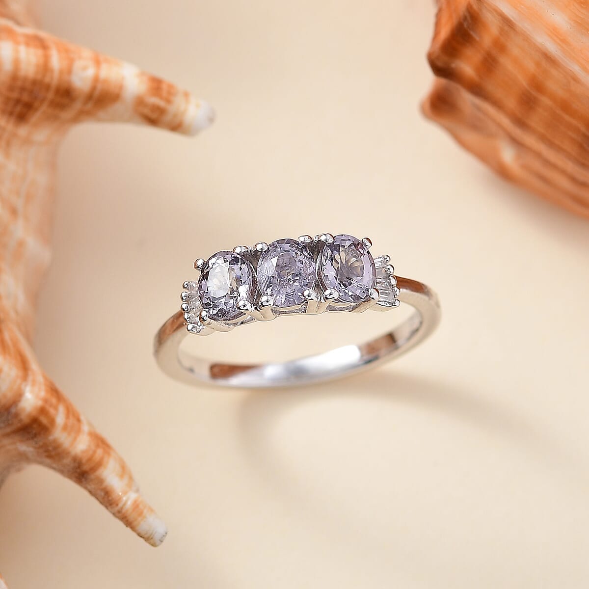 D'Joy Royal Lavender Spinel and Diamond 1.30 ctw Trilogy Ring in Rhodium Over Sterling Silver (Size 9.0) image number 1