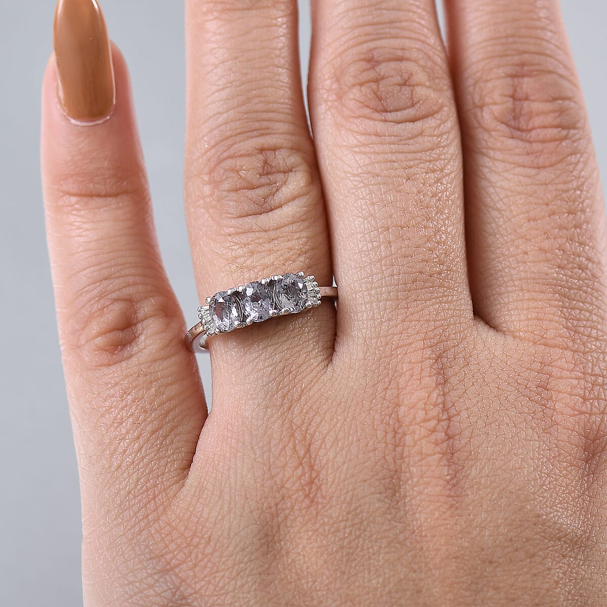 D'Joy Royal Lavender Spinel and Diamond 1.30 ctw Trilogy Ring in Rhodium Over Sterling Silver (Size 9.0) image number 2