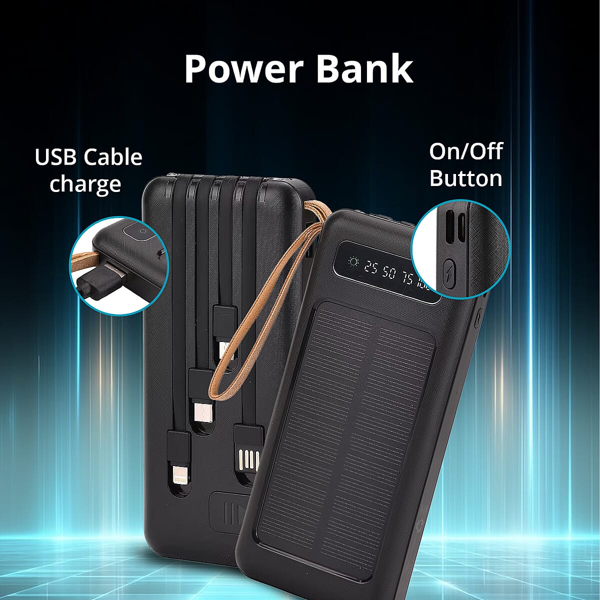 Black Power Bank with Emergency LED Torch and 4 Built-in Cables (10000mAh) image number 1