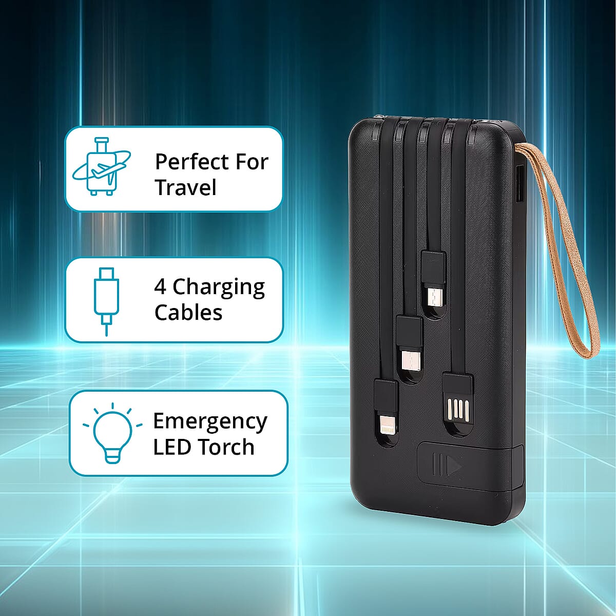 Black Power Bank with Emergency LED Torch and 4 Built-in Cables (10000mAh) image number 3