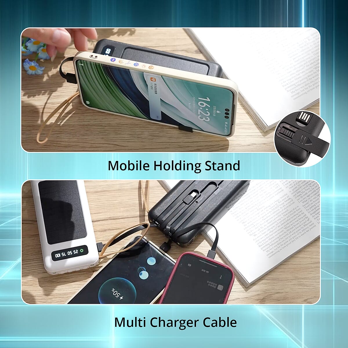 Black Power Bank with Emergency LED Torch and 4 Built-in Cables (10000mAh) image number 4