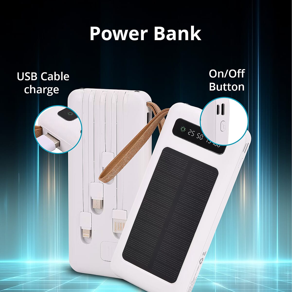White Power Bank with Emergency LED Torch and 4 Built-in Cables (10000mAh) image number 1