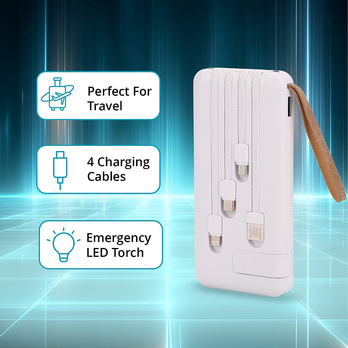White Power Bank with Emergency LED Torch and 4 Built-in Cables (10000mAh) image number 2