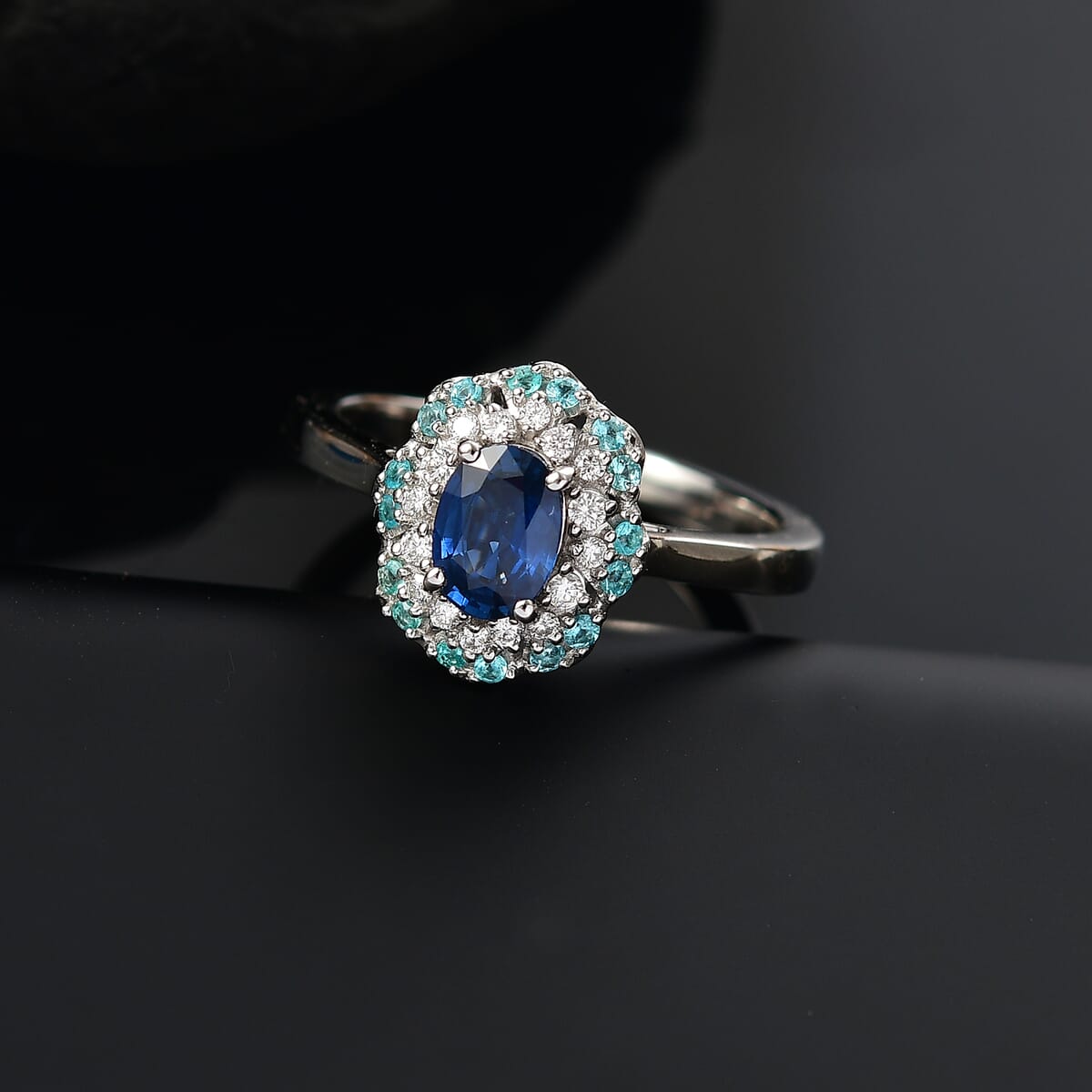Certified & Appraised Rhapsody AAAA Ceylon Blue Sapphire, Paraiba Tourmaline and E-F VS Diamond 1.50 ctw Ring in 950 Platinum (Size 10.0) 8 Grams (Del. in 10-12 Days)  image number 1