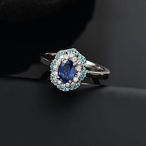 Certified & Appraised Rhapsody 950 Platinum AAAA Ceylon Blue Sapphire, Paraiba Tourmaline and Diamond (E-F, VS) (0.24 cts) Ring (Size 11.0) (8 g) 1.50 ctw