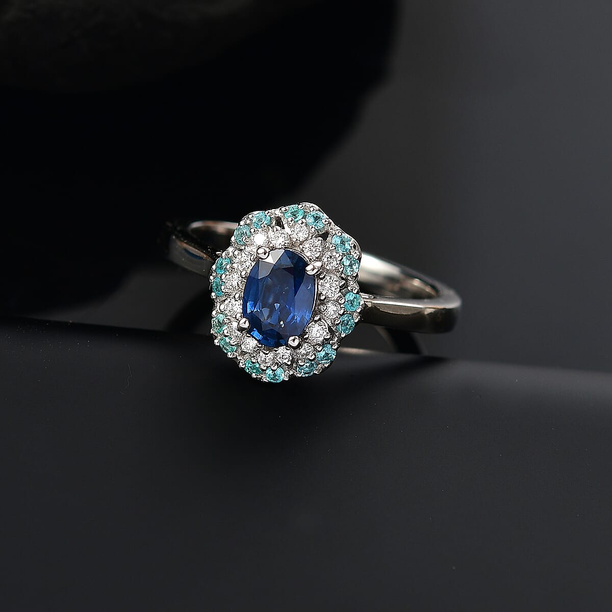 Certified & Appraised Rhapsody 950 Platinum AAAA Ceylon Blue Sapphire, Paraiba Tourmaline and Diamond (E-F, VS) (0.24 cts) Ring (Size 11.5) (8 g) 1.50 ctw image number 1