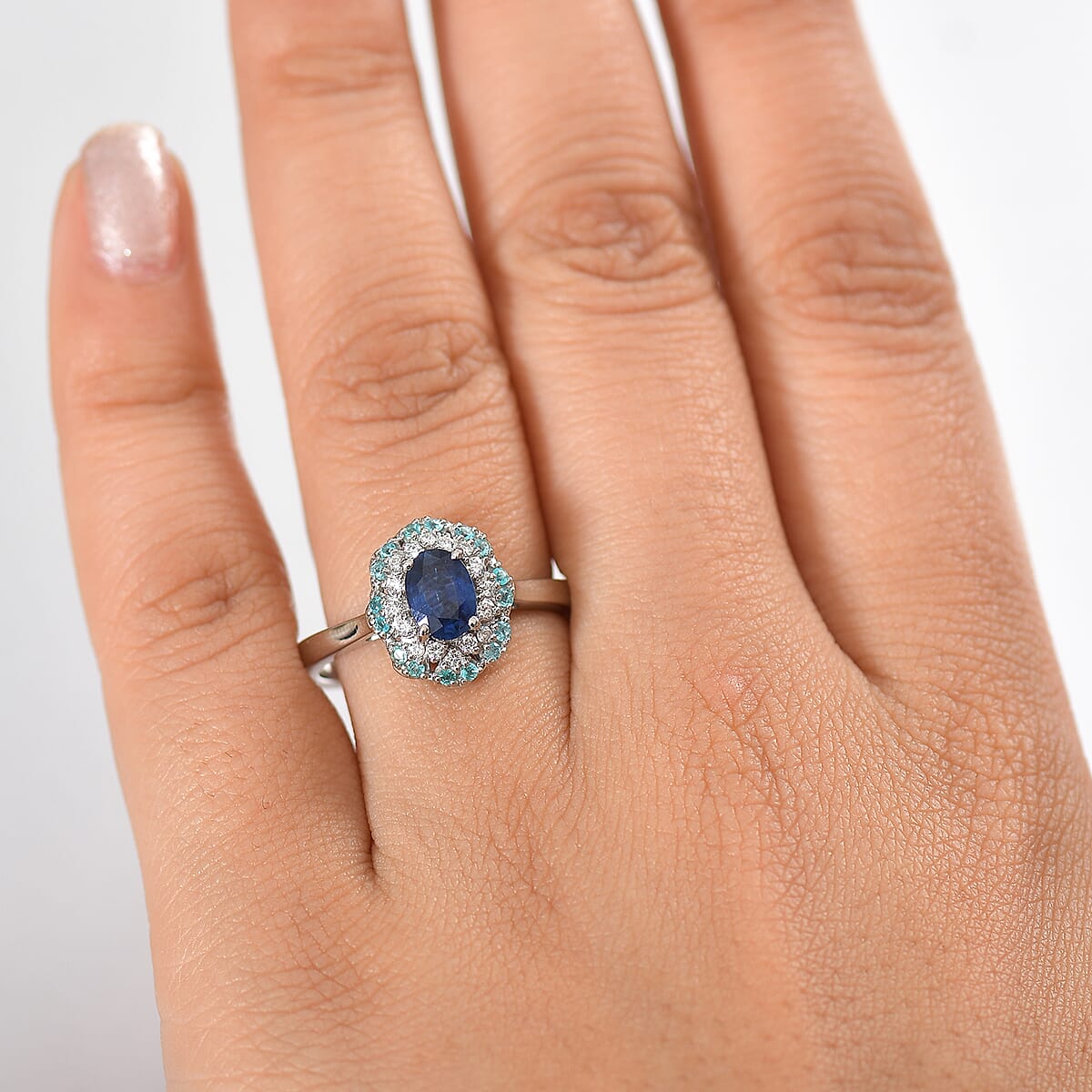 Certified & Appraised Rhapsody AAAA Ceylon Blue Sapphire, Paraiba Tourmaline and E-F VS Diamond 1.50 ctw Ring in 950 Platinum (Size 5.0) 8 Grams (Del. in 10-12 Days)  image number 2
