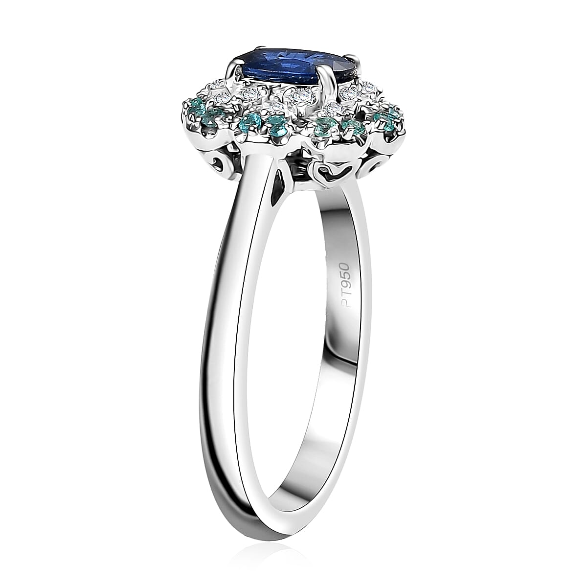 Certified & Appraised Rhapsody AAAA Ceylon Blue Sapphire, Paraiba Tourmaline and E-F VS Diamond 1.50 ctw Ring in 950 Platinum (Size 8.0) 8 Grams image number 3