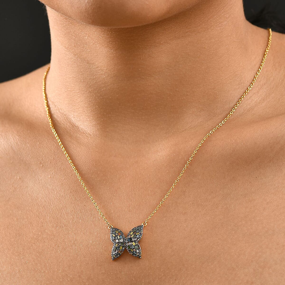 GP Trionfo Collection Multi Color Diamond 1.00 ctw Butterfly Necklace in 18K Vermeil Yellow Gold Over Sterling Silver 18 Inches image number 2