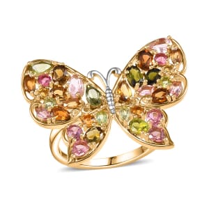 D'Joy Premium Multi-Tourmaline 4.75 ctw Butterfly Ring in 18K Vermeil Yellow Gold Over Sterling Silver (Size 10.0)