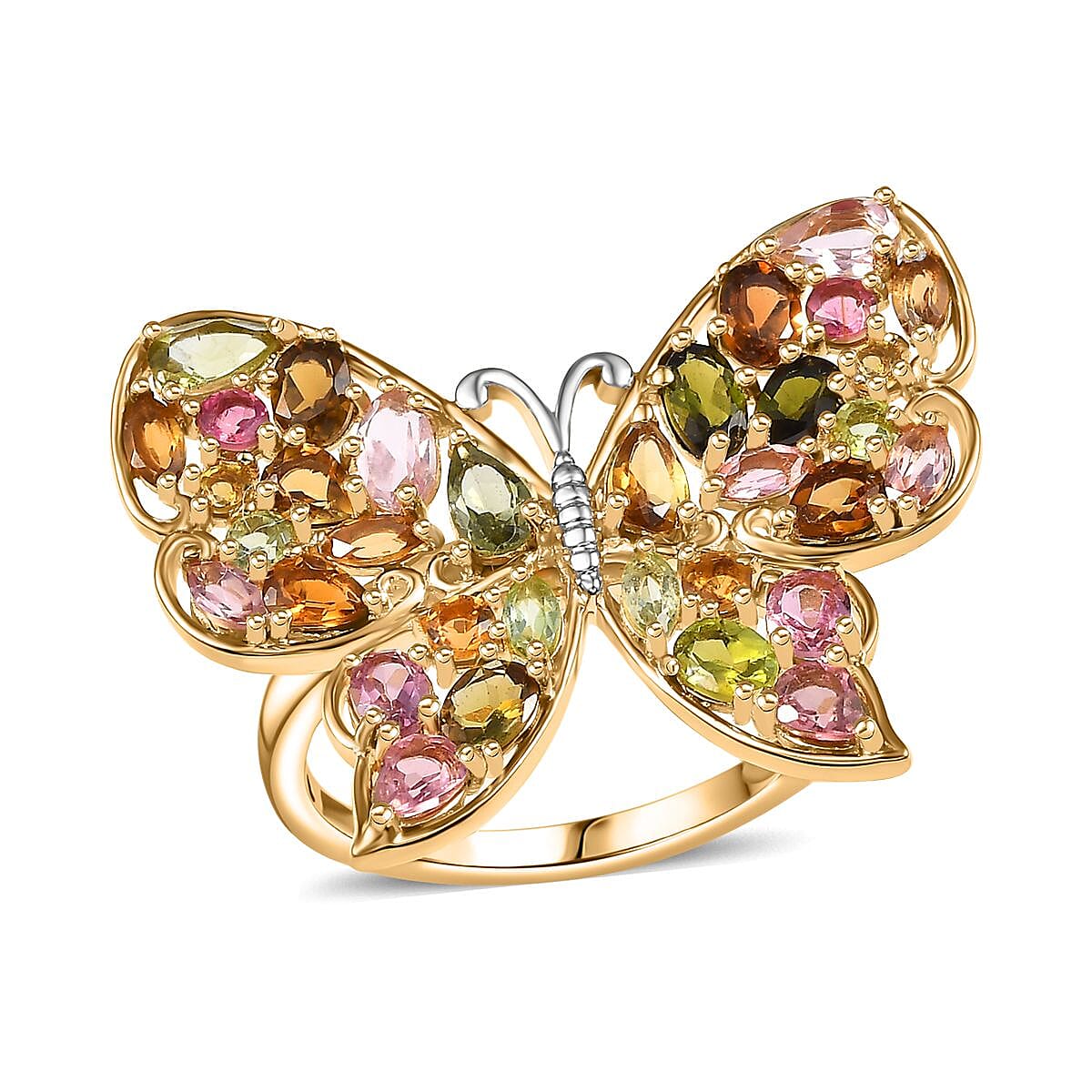D'Joy Premium Multi-Tourmaline 4.75 ctw Butterfly Ring in 18K Vermeil Yellow Gold Over Sterling Silver (Size 5.0) image number 0