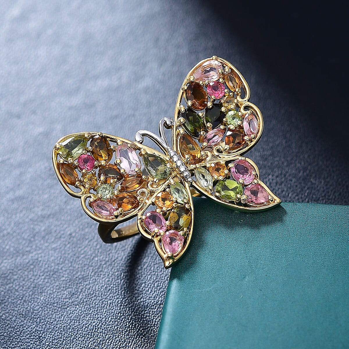 D'Joy Premium Multi-Tourmaline 4.75 ctw Butterfly Ring in 18K Vermeil Yellow Gold Over Sterling Silver (Size 5.0) image number 1
