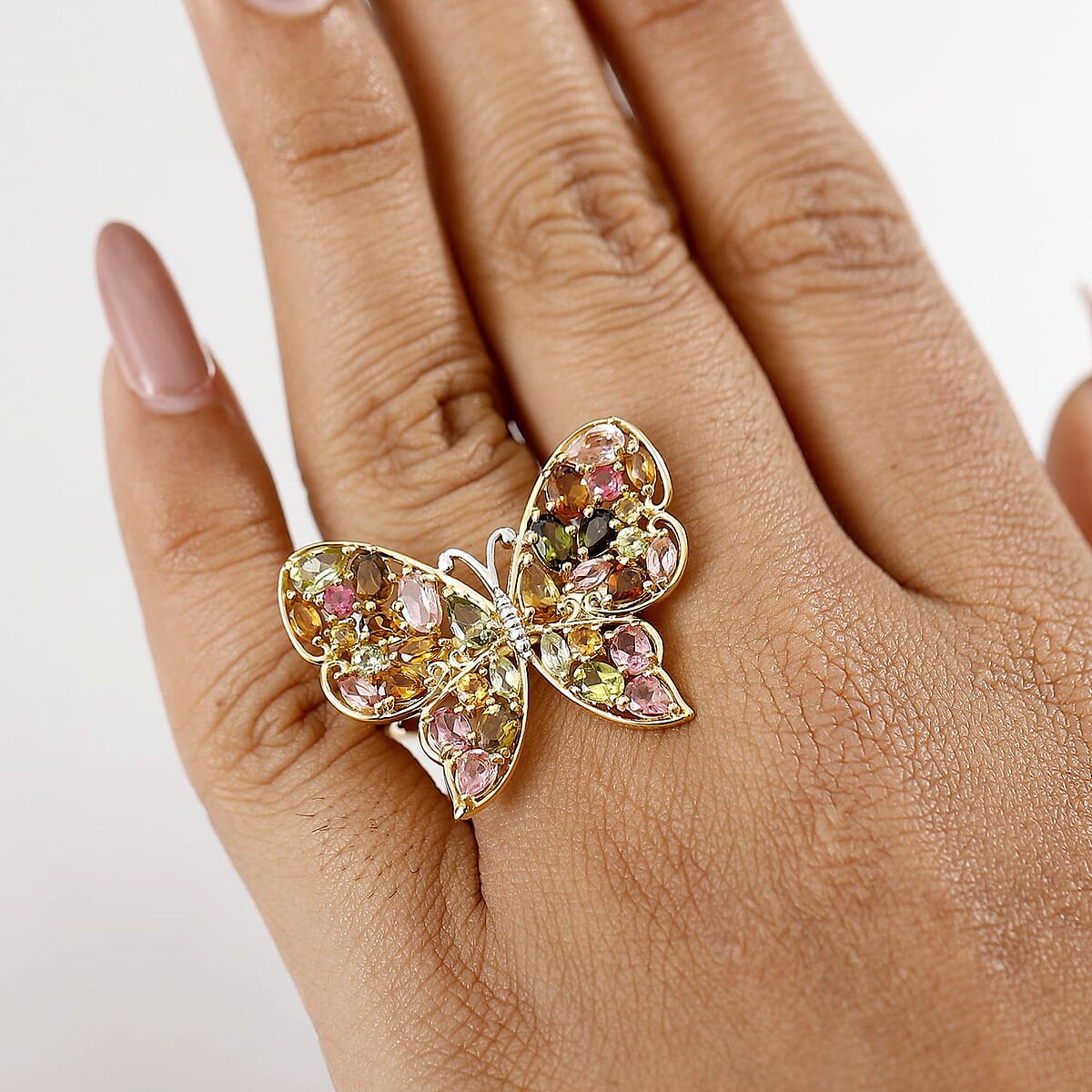 D'Joy Premium Multi-Tourmaline 4.75 ctw Butterfly Ring in 18K Vermeil Yellow Gold Over Sterling Silver (Size 5.0) image number 2