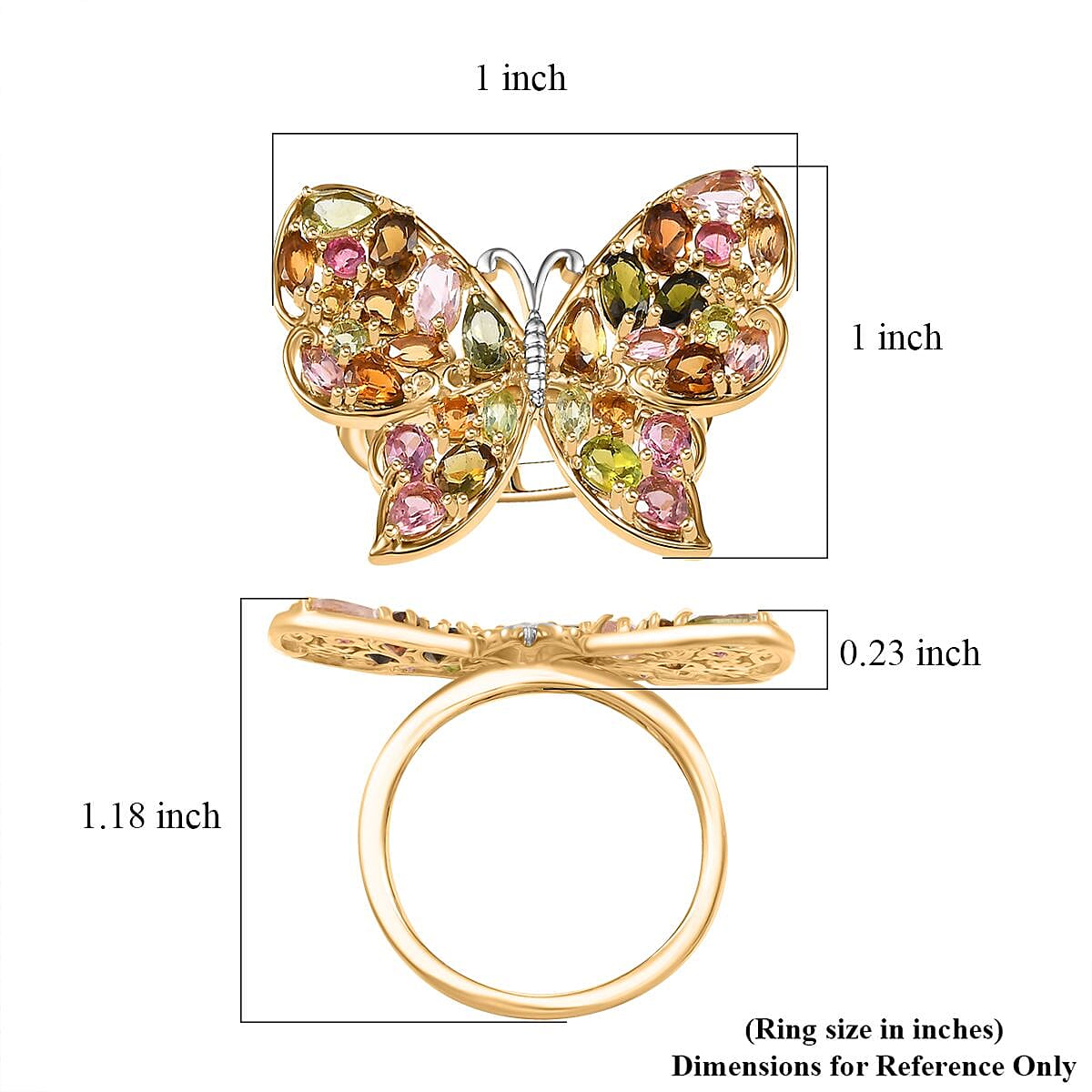 D'Joy Premium Multi-Tourmaline 4.75 ctw Butterfly Ring in 18K Vermeil Yellow Gold Over Sterling Silver (Size 5.0) image number 5