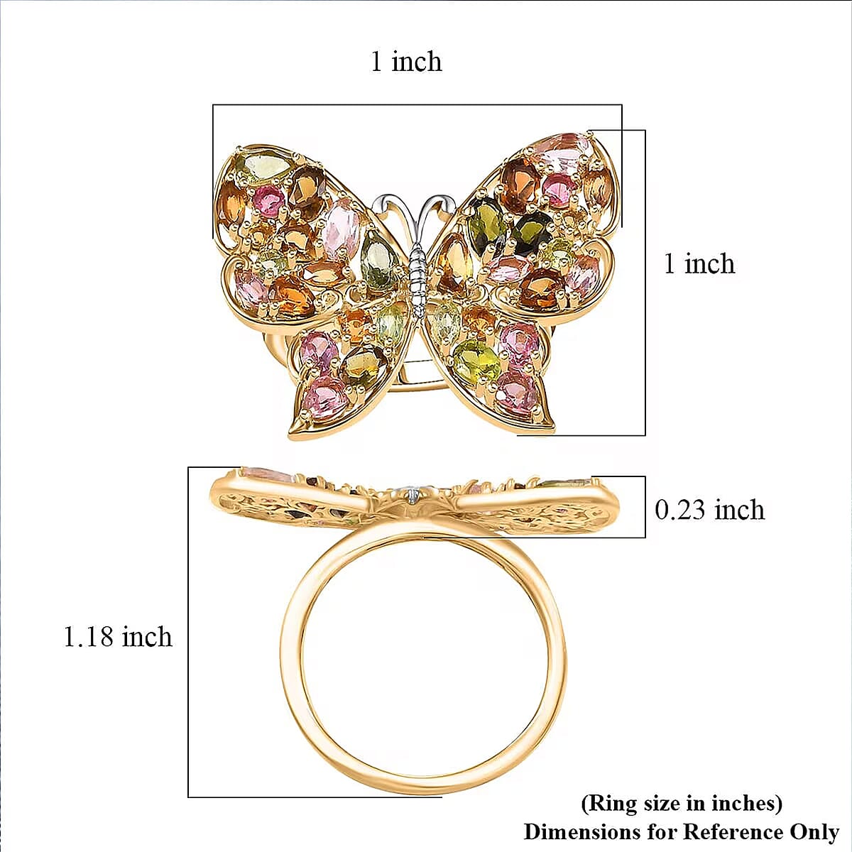 D'Joy Premium Multi-Tourmaline 4.75 ctw Butterfly Ring in 18K Vermeil Yellow Gold Over Sterling Silver (Size 5.0) image number 6