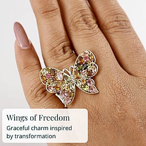 D'Joy Premium Multi-Tourmaline 4.75 ctw Butterfly Ring in 18K Vermeil Yellow Gold Over Sterling Silver (Size 7.0)