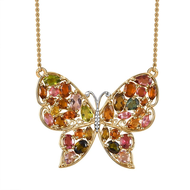 D'Joy Premium Multi-Tourmaline 4.75 ctw Butterfly Necklace in 18K Vermeil Yellow Gold Over Sterling Silver 18-20 Inches