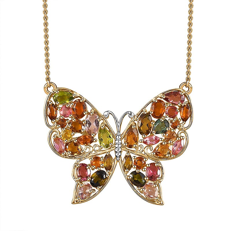 D'Joy Premium Multi-Tourmaline 4.75 ctw Butterfly Necklace in 18K Vermeil Yellow Gold Over Sterling Silver 18-20 Inches