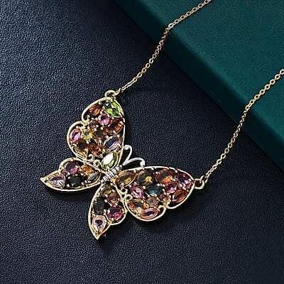 D'Joy Premium Multi-Tourmaline 4.75 ctw Butterfly Necklace in 18K Vermeil Yellow Gold Over Sterling Silver 18-20 Inches