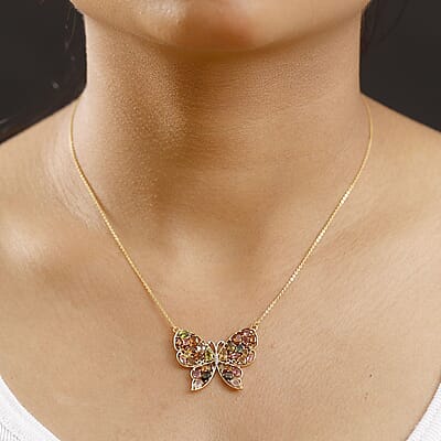 D'Joy Premium Multi-Tourmaline 4.75 ctw Butterfly Necklace in 18K Vermeil Yellow Gold Over Sterling Silver 18-20 Inches