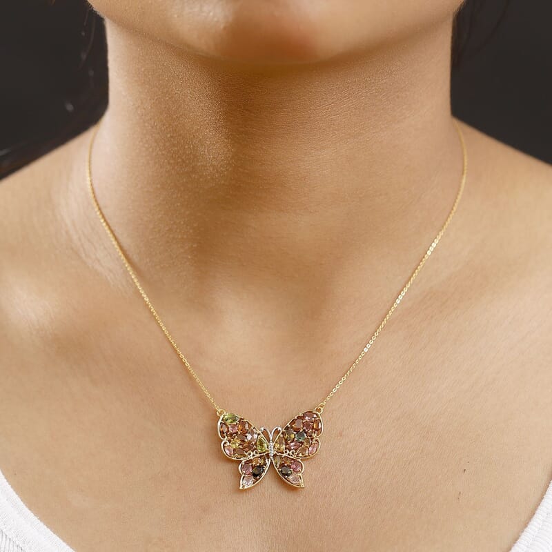 D'Joy Premium Multi-Tourmaline 4.75 ctw Butterfly Necklace in 18K Vermeil Yellow Gold Over Sterling Silver 18-20 Inches